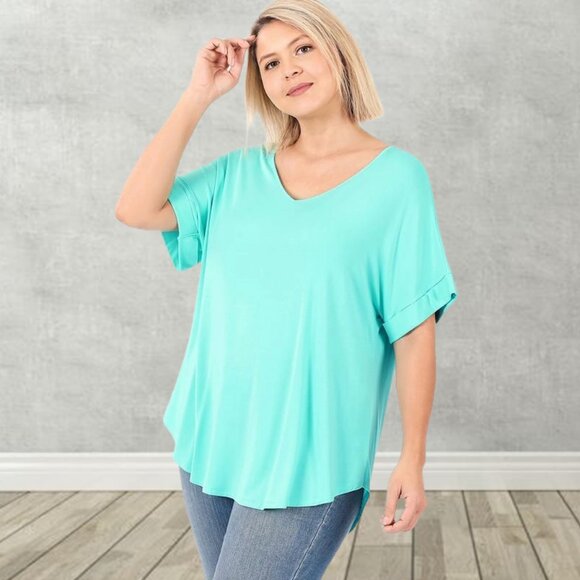 SOFT! Stretchy Luxe Rayon Short Cuff Sleeve V-Neck T-Shirt - Picture 6 of 11